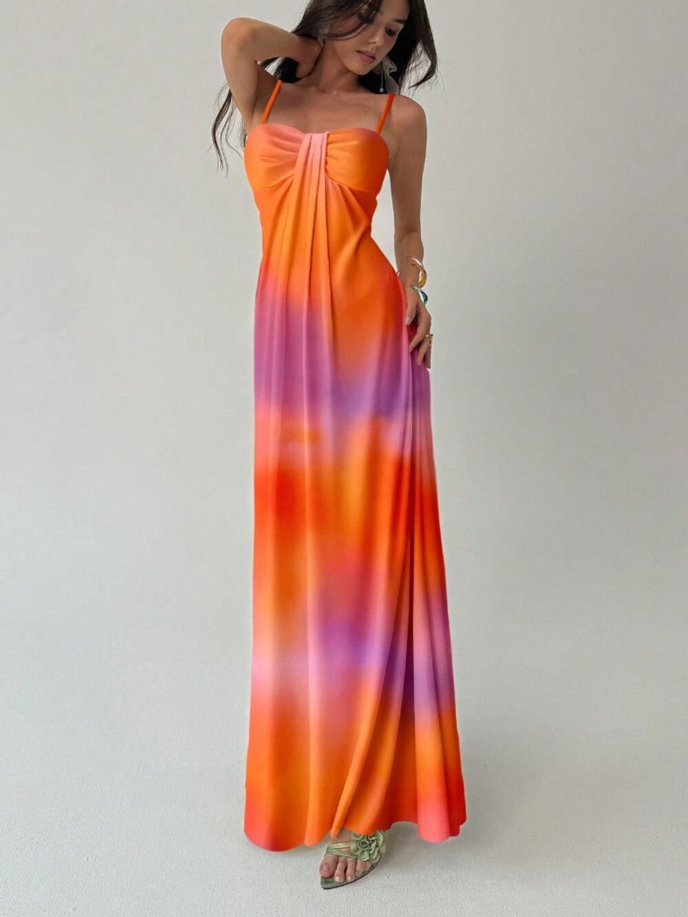 Orange Boho Women's Elegant Tie-Dye Print Slip Dress - Picture 3 of 9